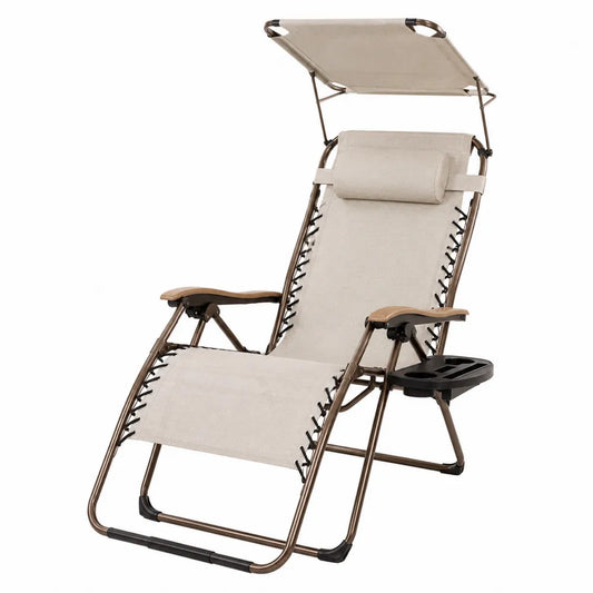 Chaise longue en métal avec auvent réglable et accoudoirs
