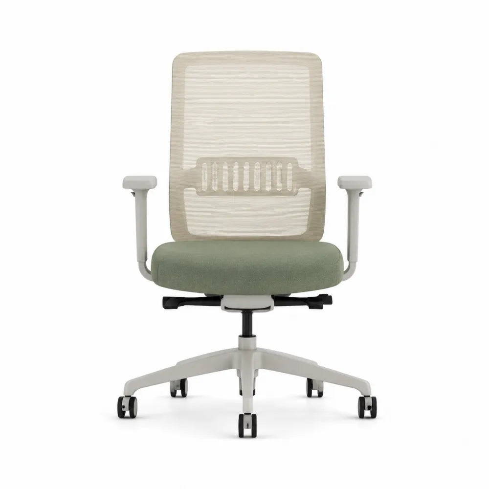 Chaise de bureau maille beige et tissu vert, réglable, base métal, accoudoirs