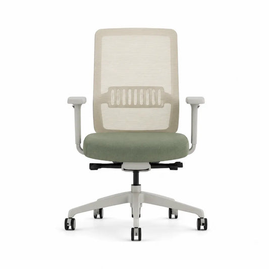 Chaise de bureau maille beige et tissu vert, réglable, base métal, accoudoirs