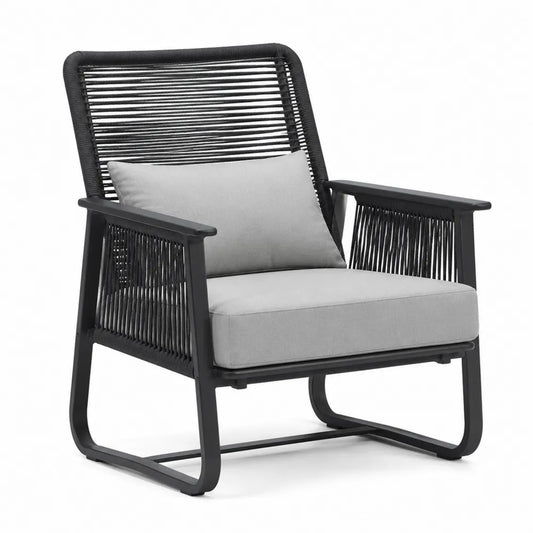 Fauteuil de jardin en métal noir avec coussins en polyester gris