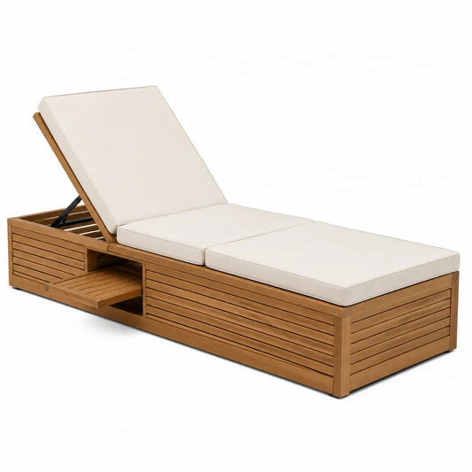Chaise Longue en Bois d'Acacia avec Coussin Crème