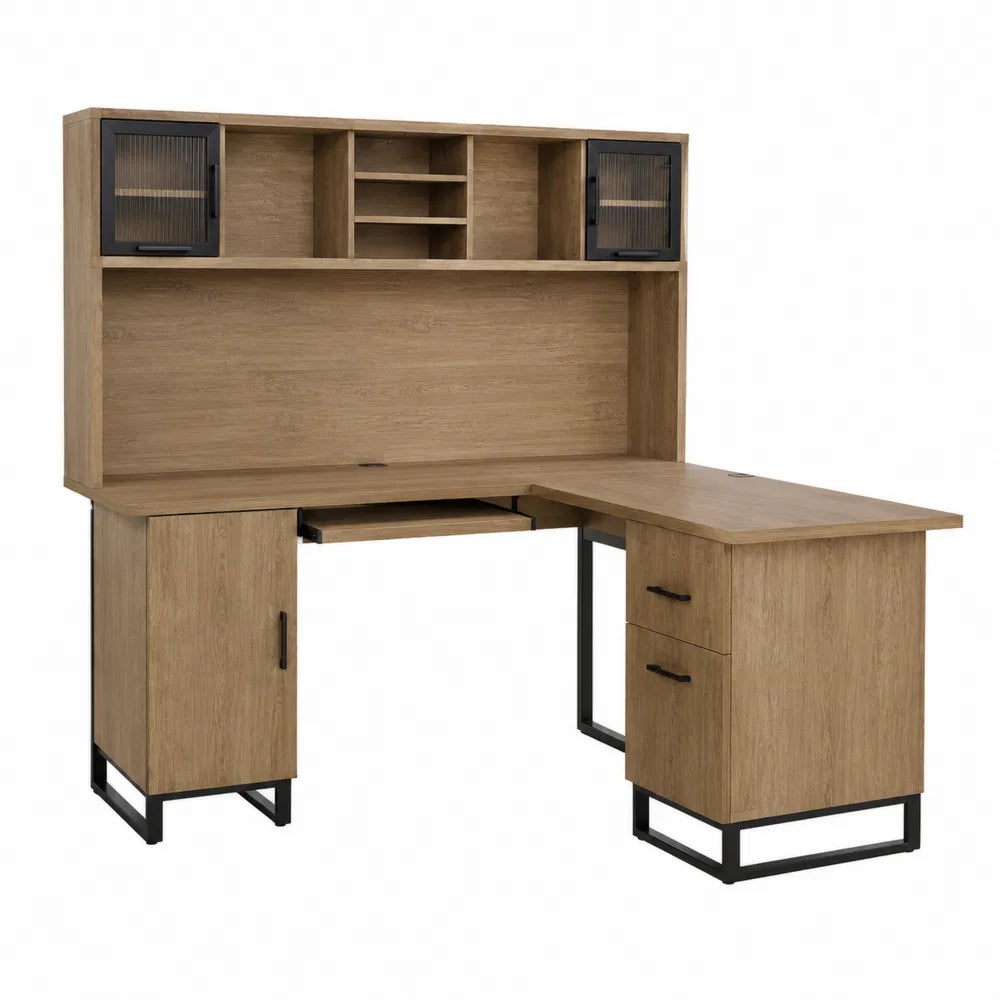 Bureau d'angle en panneaux de particules de chêne et métal avec portes en verre