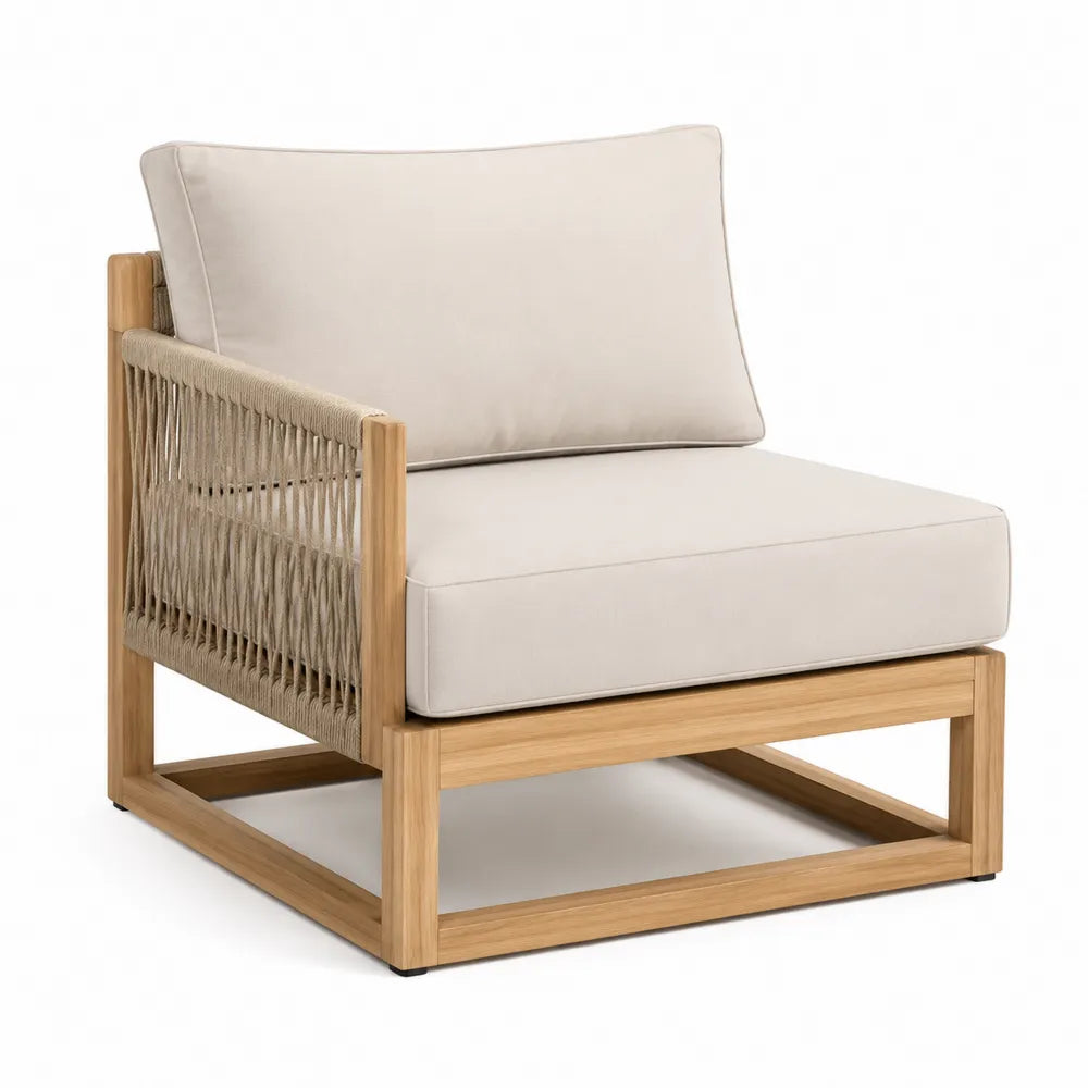 Fauteuil en bois de teck avec coussins en polyester et corde tressée beige