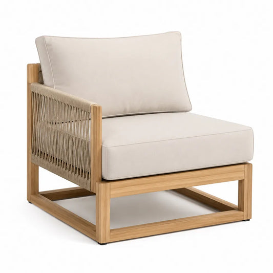 Fauteuil en bois de teck avec coussins en polyester et corde tressée beige