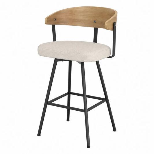 Tabouret de bar en bois et tissu beige avec cadre en métal noir