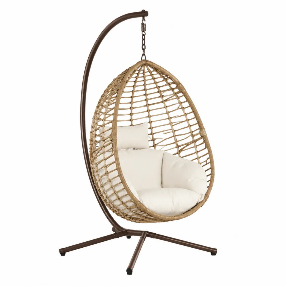 Chaise Suspendue en Rotin avec Coussins Crème et Support Métallique
