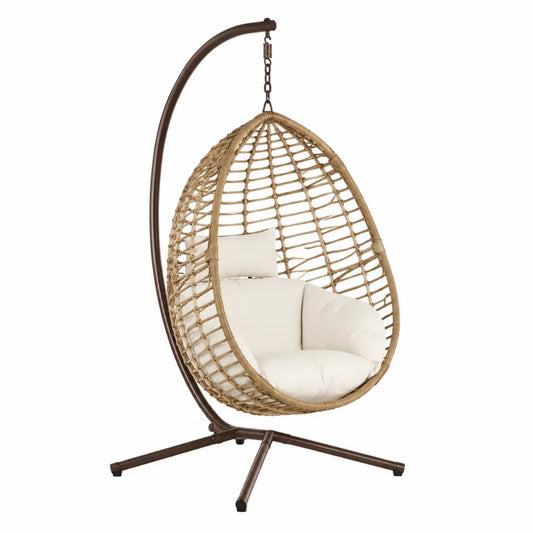 Chaise Suspendue en Rotin avec Coussins Crème et Support Métallique