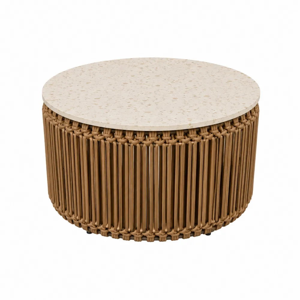 Table basse ronde en terrazzo et rotin synthétique 80 cm