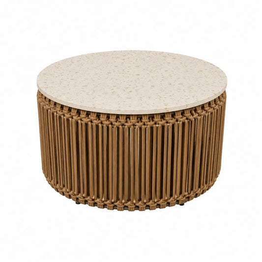 Table basse ronde en terrazzo et rotin synthétique 80 cm