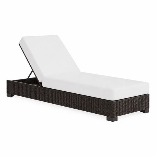 Chaise longue réglable en résine tressée noire avec coussins blancs