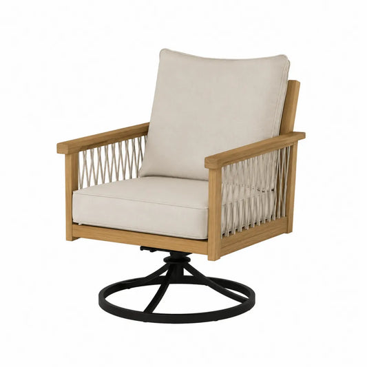 Fauteuil pivotant extérieur en bois et métal avec coussins beige