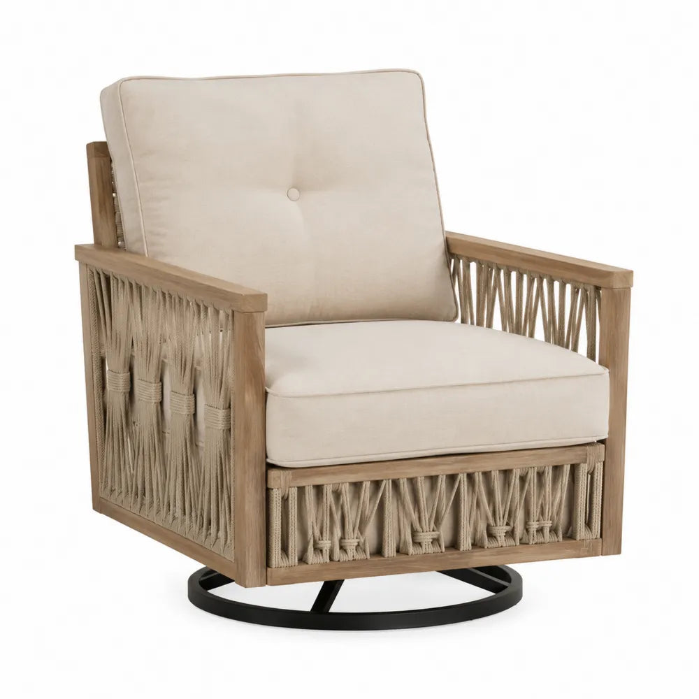 Fauteuil pivotant en bois et corde beige
