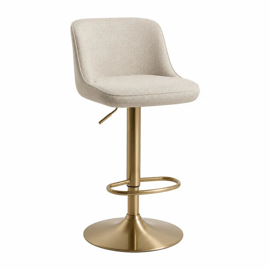 Tabouret de bar en tissu beige avec base en métal doré