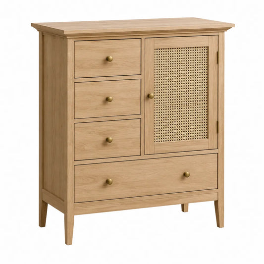 Buffet en bois avec tiroirs et porte en rotin tressé