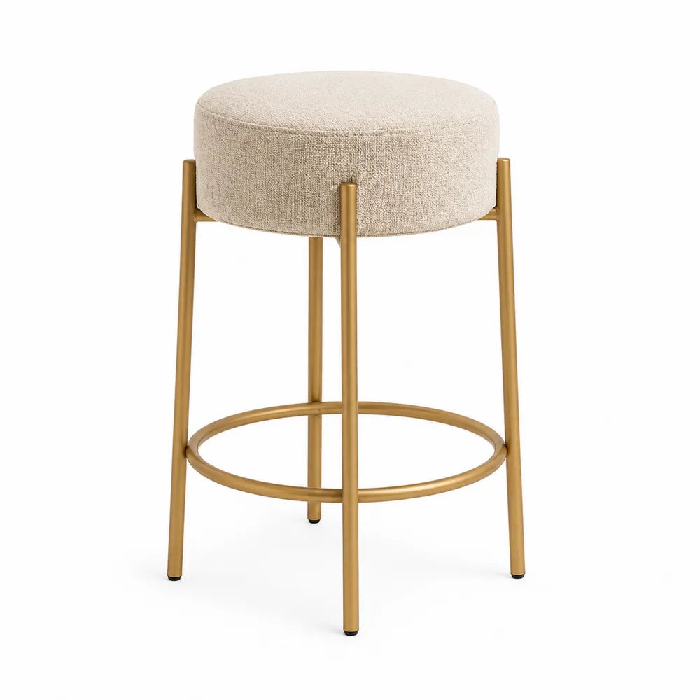 Tabouret de bar en tissu beige et métal doré, hauteur 75 cm