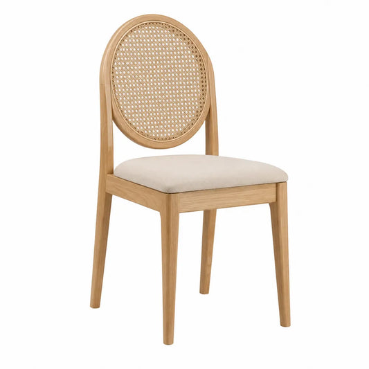 Chaise en bois avec dossier en rotin et assise en polyester, chêne clair