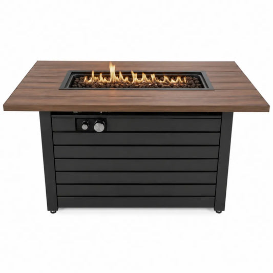 Table de jardin avec foyer intégré en bois et acier noir