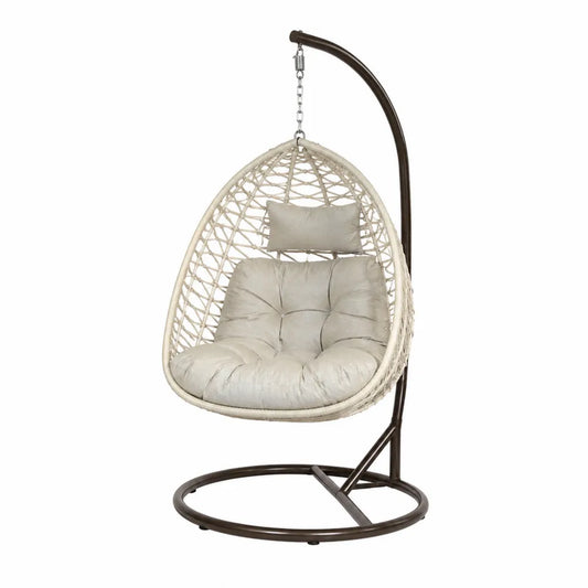Chaise suspendue en métal et rotin beige avec coussin