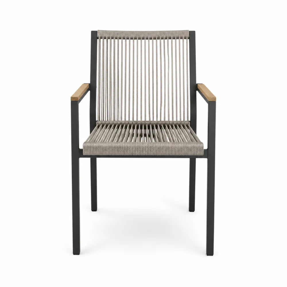 Chaise de jardin en aluminium et corde avec accoudoirs en teck 54x62x85cm