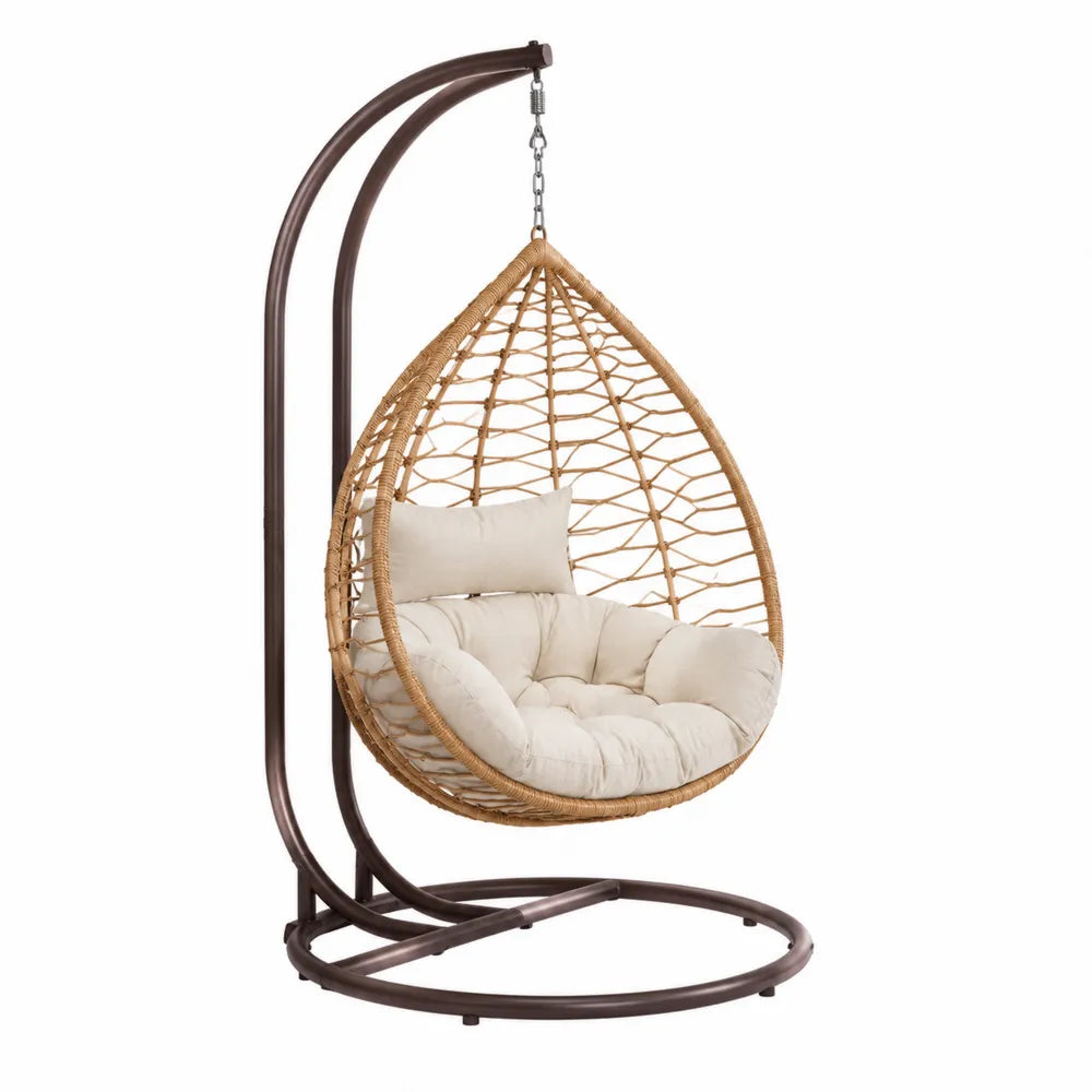 Chaise hamac en rotin avec coussin polyester beige et support en métal