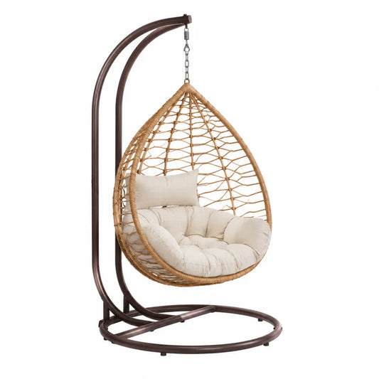 Chaise hamac en rotin avec coussin polyester beige et support en métal